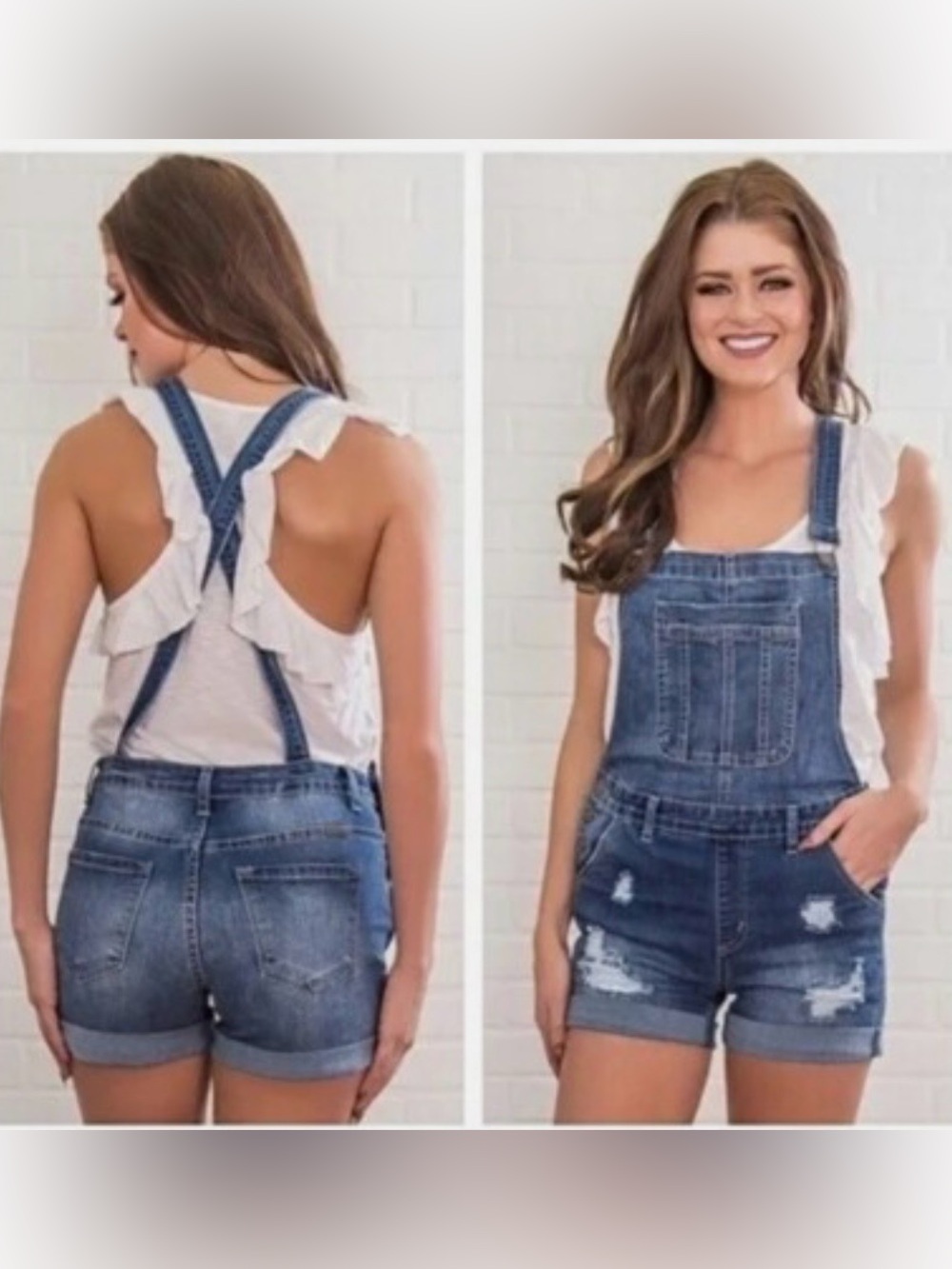 KanCan Blue Distressed Denim Short Overalls Large